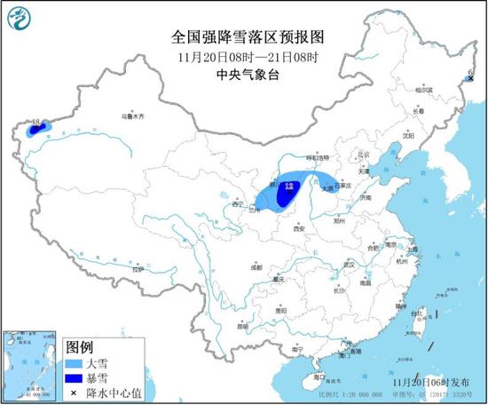 图2 全国强降雪落区预报（11月20日08时-21日08时）