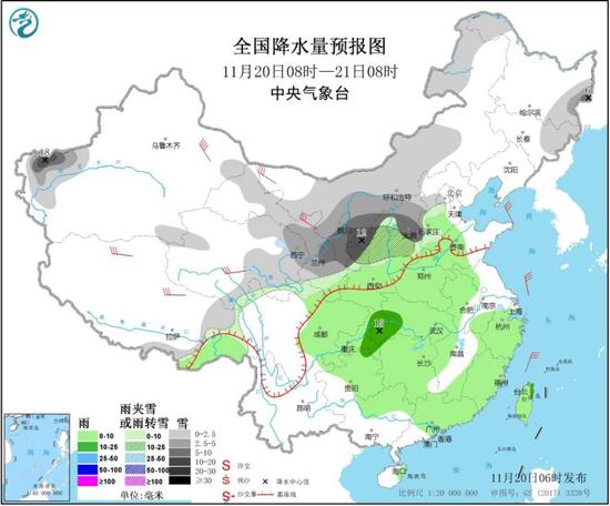 图3 全国降水量预报图（11月20日08时-21日08时）