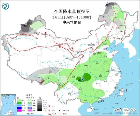 全国降水量预报图（3月14日08时-15日08时）