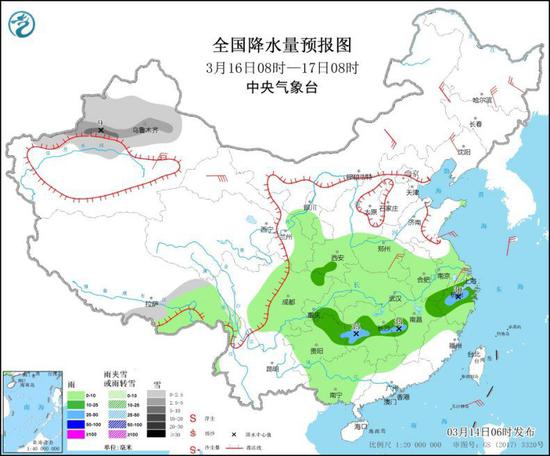 全国降水量预报图（3月16日08时-17日08时）