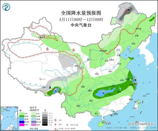 全国降水量预报图（4月11日8时-12日8时）