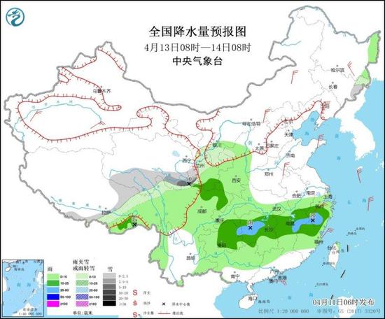 全国降水量预报图（4月13日8时-14日8时）