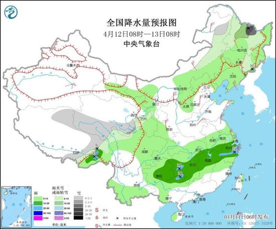 全国降水量预报图（4月12日8时-13日8时）