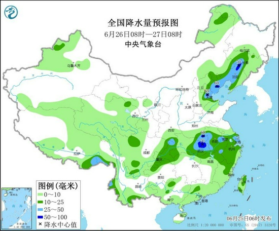  全国降水量预报图（6月26日8时-27日8时）