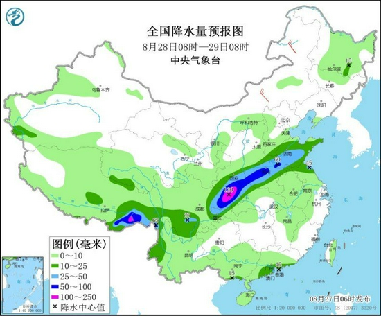 图2 全国降水量预报图（8月28日08时-29日08时）