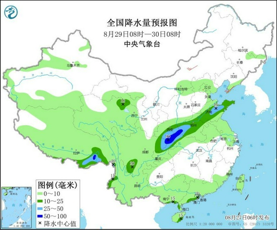 图3 全国降水量预报图（8月29日08时-30日08时）