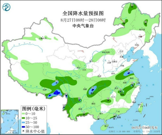 图1 全国降水量预报图（8月27日08时-28日08时）