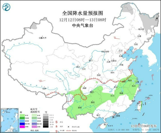 图2 全国降水量预报图（12月12日08时-13日08时）