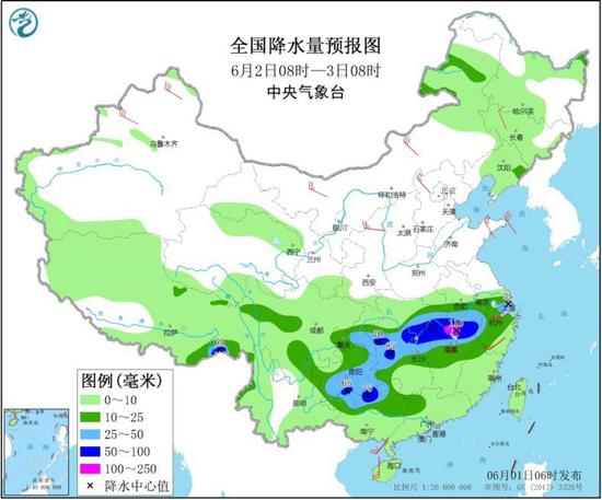 图2 全国降水量预报图（6月2日08时-3日08时）