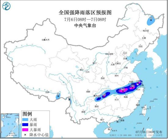 图1 全国强降雨落区预报图（7月6日08时-7月7日08时）