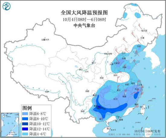 图1 全国大风降温预报图(10月4日08时-6日08时)