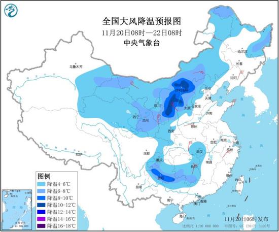 图1 全国大风降温预报图（11月20日08时-22日08时）