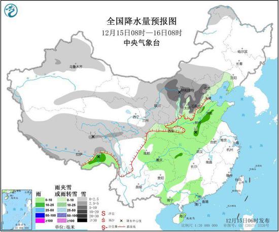 全国降水量预报图（12月15日08时-16日08时）