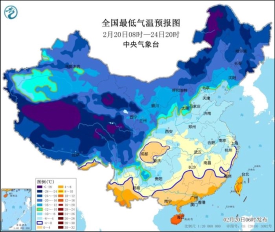 全国最低气温预报图（2月20日08时-24日20时）