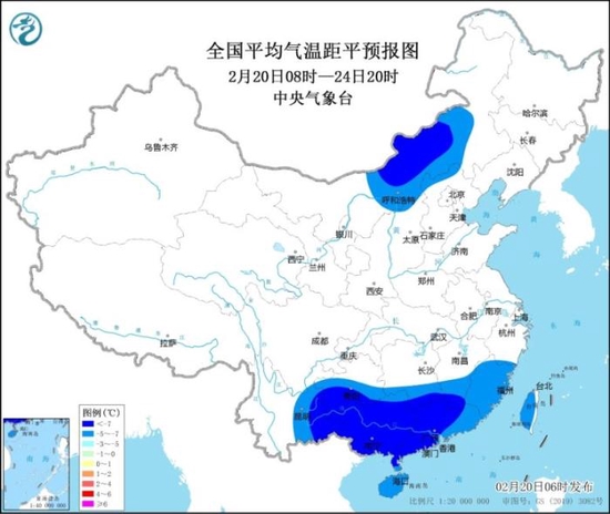 全国平均气温距平预报图（2月20日08时-24日20时）