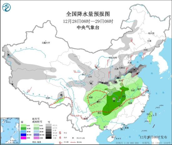 图3 全国降水量预报图（12月28日08时-29日08时）