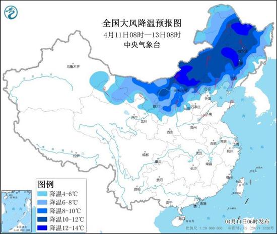 全国大风降温预报图（4月11日8时-13日8时）