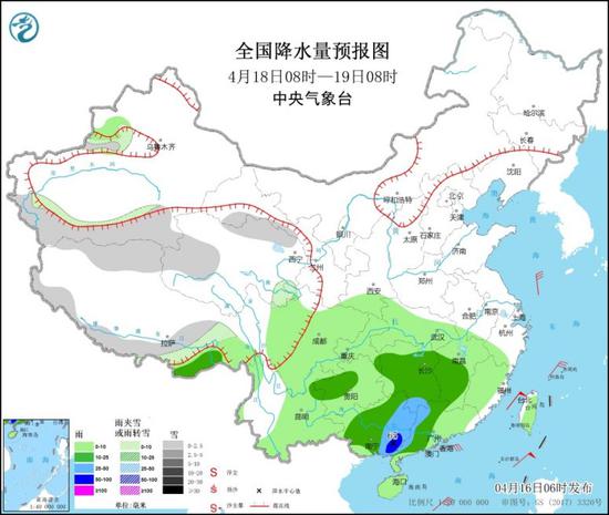 全国降水量预报图（4月18日08时-19日08时） 图片来源：中央气象台网站