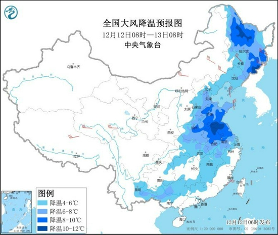 图1全国大风降温预报图（12日08时-13日08时）