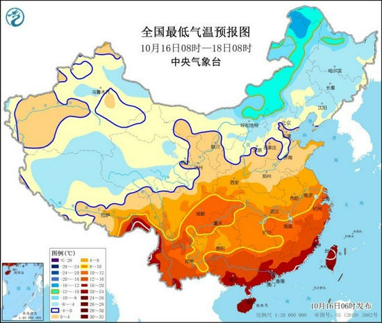 全国最低气温预报图（10月16日08时-18日08时）