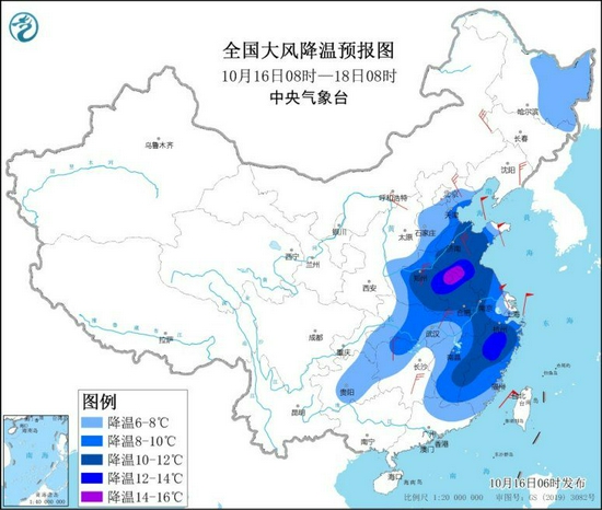 全国大风降温预报图（10月16日08时-18日08时）