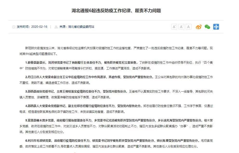 湖北省纪委监委网站通报了6起违反疫情防控工作纪律、履责不力的典型问题。（网页截图）