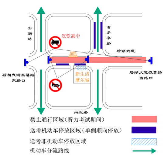 武汉市汉铁高级中学高考期间周边道路通行及停放临时管控示意图。