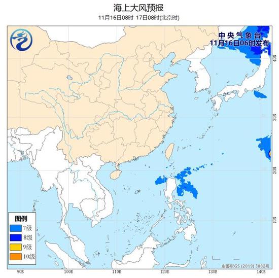 海上大风预报图（11月16日8时-17日8时）