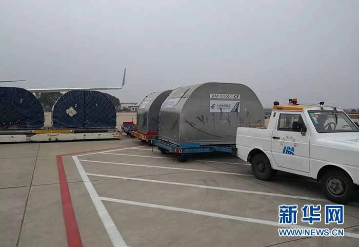 图为防疫医疗救援物资空运抵达武汉天河机场