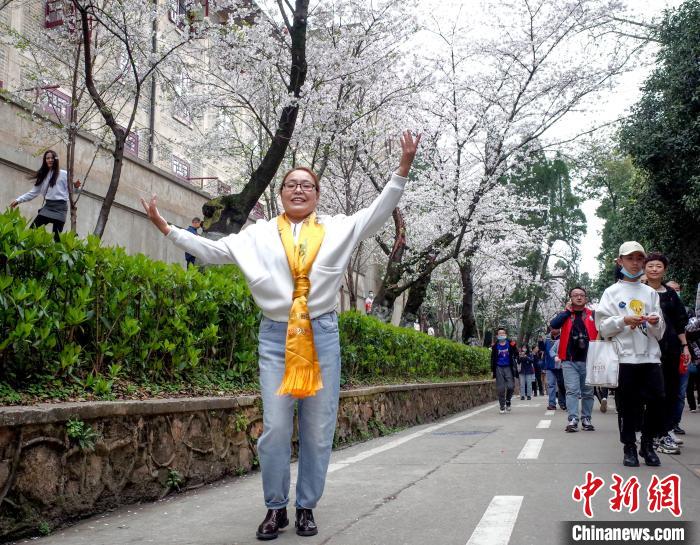 图为羊赞措在樱花树下跳藏舞 张畅 摄