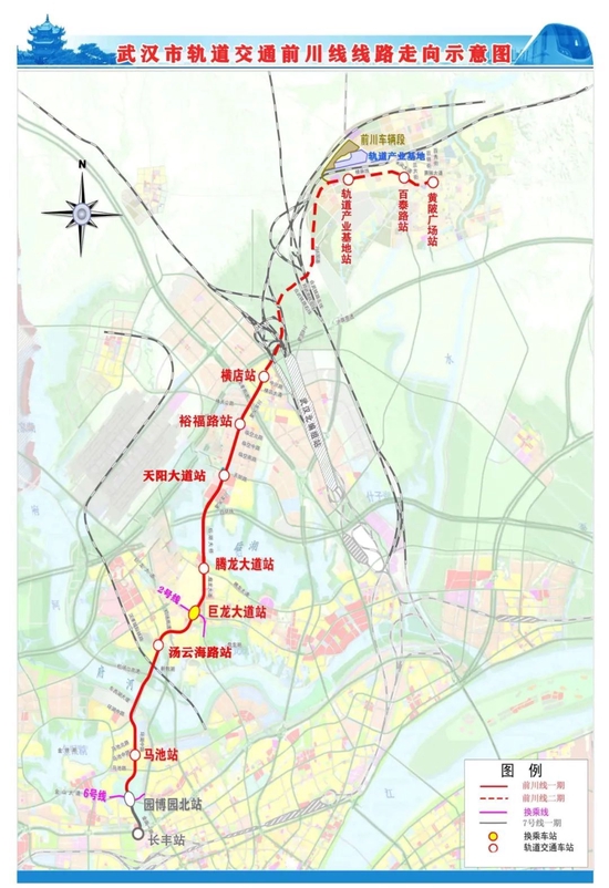 前川线一期线路走向图（红色实线段）