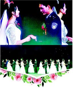 图为集体婚礼现场,大屏幕呈现新人们甜蜜的特写