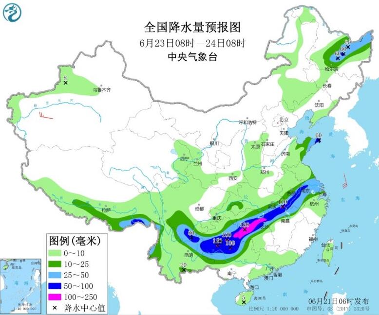全國(guó)降水量預(yù)報(bào)圖（6月23日08時(shí)-24日08時(shí)） 　　來(lái)源：中央氣象臺(tái)網(wǎng)站
