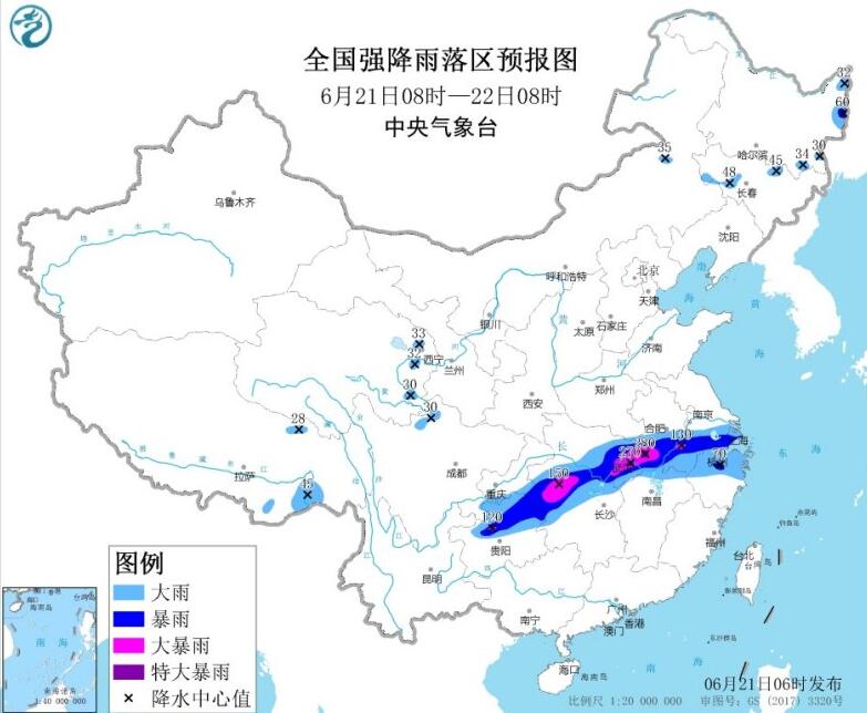 全國(guó)強(qiáng)降雨落區(qū)預(yù)報(bào)圖（6月21日08時(shí)-22日08時(shí)）來(lái)源：中央氣象臺(tái)網(wǎng)站