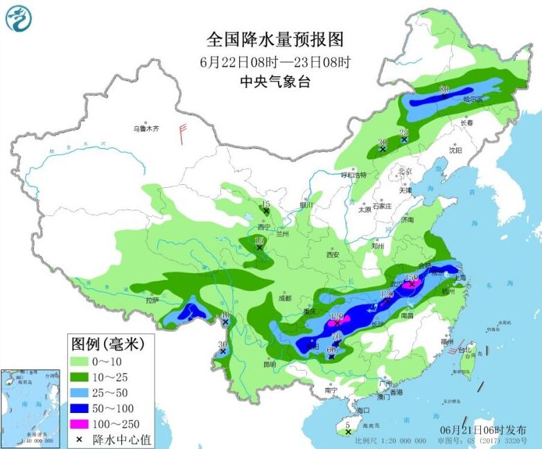 全國(guó)降水量預(yù)報(bào)圖（6月22日08時(shí)-23日08時(shí)）來(lái)源：中央氣象臺(tái)網(wǎng)站