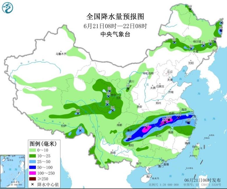 全國(guó)降水量預(yù)報(bào)圖（6月21日08時(shí)-22日08時(shí)）來(lái)源：中央氣象臺(tái)網(wǎng)站