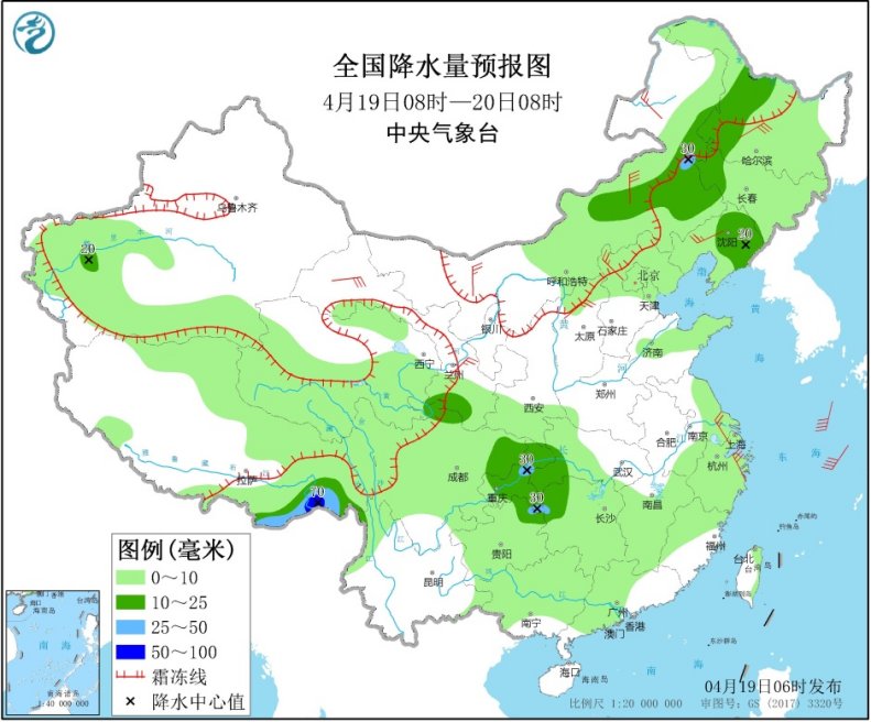 全國(guó)降水量預(yù)報(bào)圖（4月19日08時(shí)-20日08時(shí)）