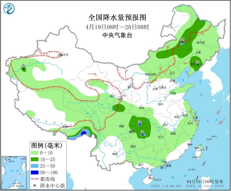 全国降水量预报图（4月19日08时-20日08时）