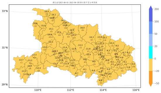 湖北省各县市2023年6月降水距平百分率预测图(%)