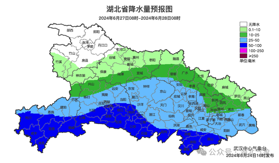6月27日8时-6月28日8时湖北降雨预报