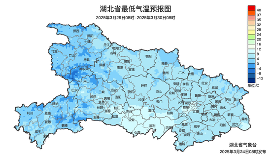 圖1 湖北省2025年3月27日-3月30日最低氣溫預(yù)報(bào)圖