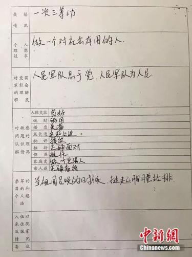 李道洲在参军目的上写道“当祖国召唤的时候,挺起胸膛站排(头)” 部队供图