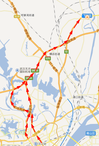 进入黄陂区(返程亦然)可经机场一通道、二通道,绕行武汉外环至黄陂区。