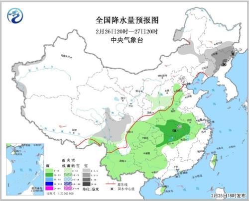 全国降水量预报图（2月26日20时-27日20时）