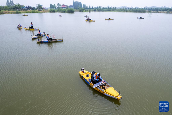 5月27日，吴晋斌（前）在比赛中测量鱼获长度（无人机照片）。新华社记者 陈思汗 摄