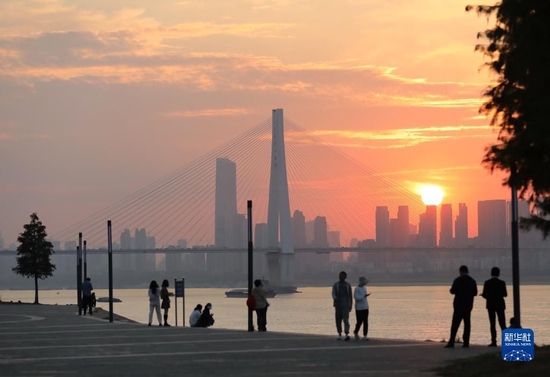 11月8日，市民在武汉市青山江滩边欣赏落日。新华社记者 姚琪琳 摄
