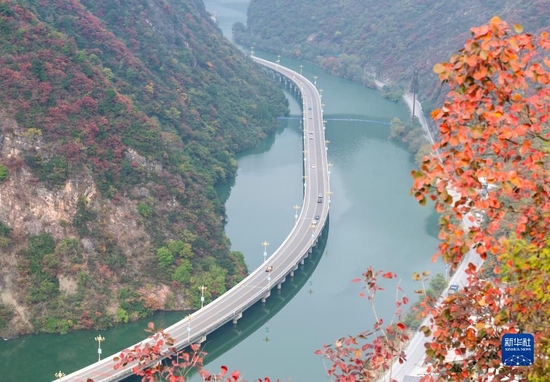 11月27日，车辆行驶在三峡库区湖北省宜昌市兴山县的“水上公路”上。 新华社发（郑家裕摄）