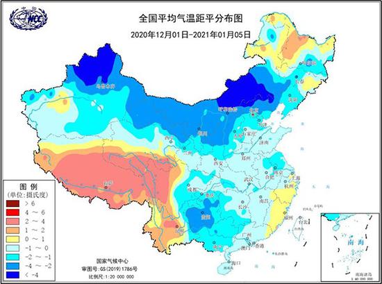 12月1日以来全国平均气温距平分布，中东部大部地区气温偏低