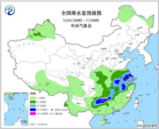 图2 全国降水量预报图（5月6日08时-7日08时）