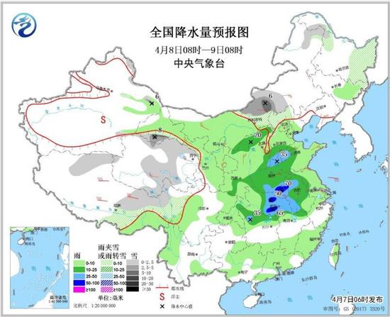 圖2 全國(guó)降水量預(yù)報(bào)圖（4月8日08時(shí)-9日08時(shí)）
